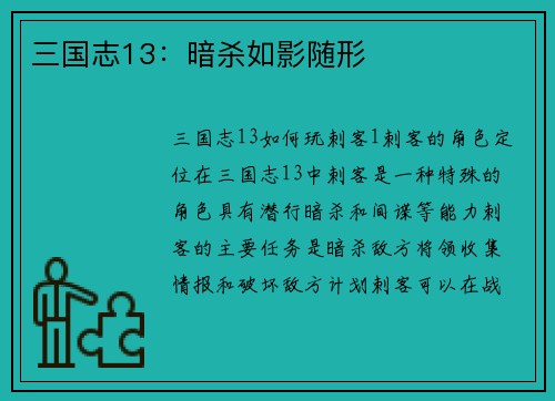 三国志13：暗杀如影随形